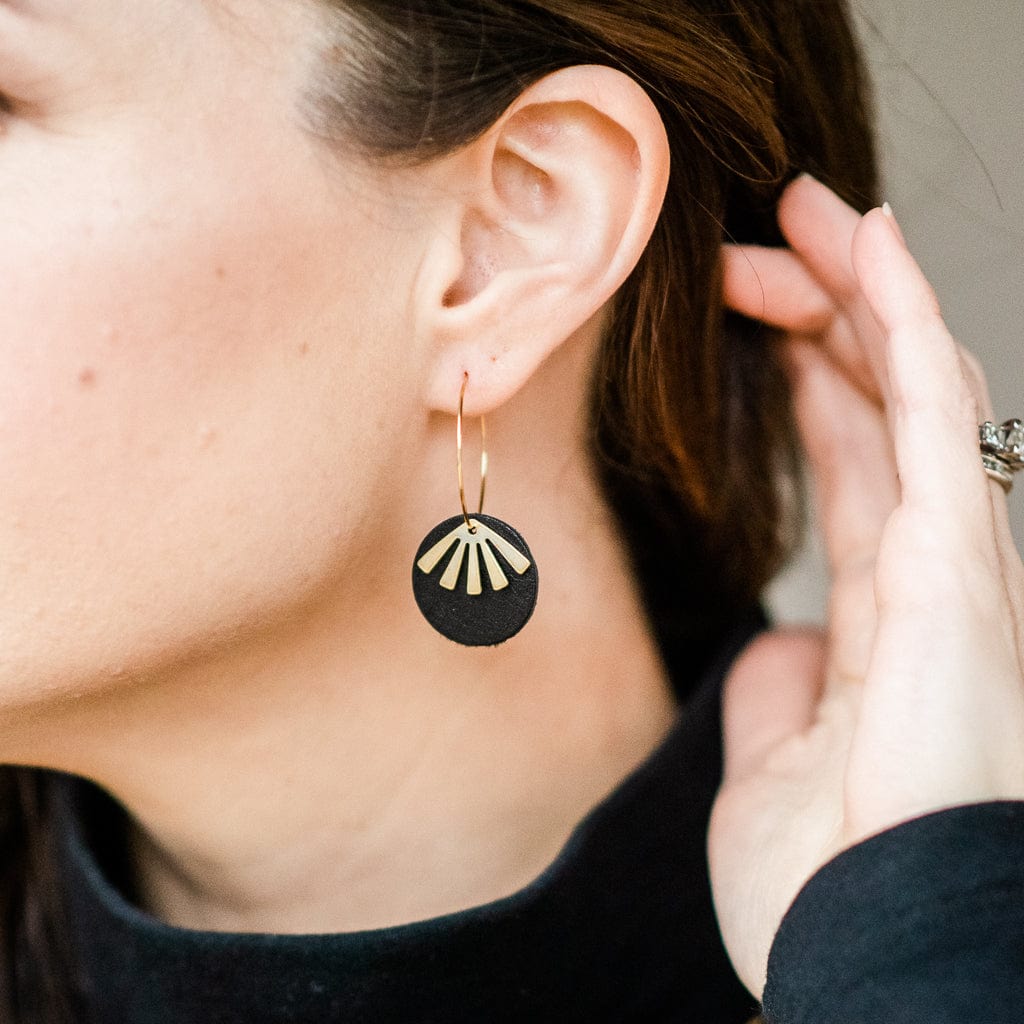 Black Leather Gold Hoop Earrings Black Oakleigh Earrings Sela Designs