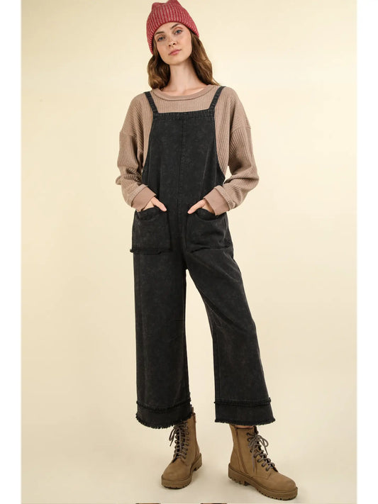 Black Washed Cotton Twill Overalls Jumpsuit