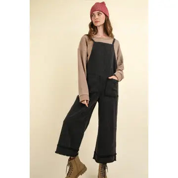 Black Washed Cotton Twill Overalls Jumpsuit
