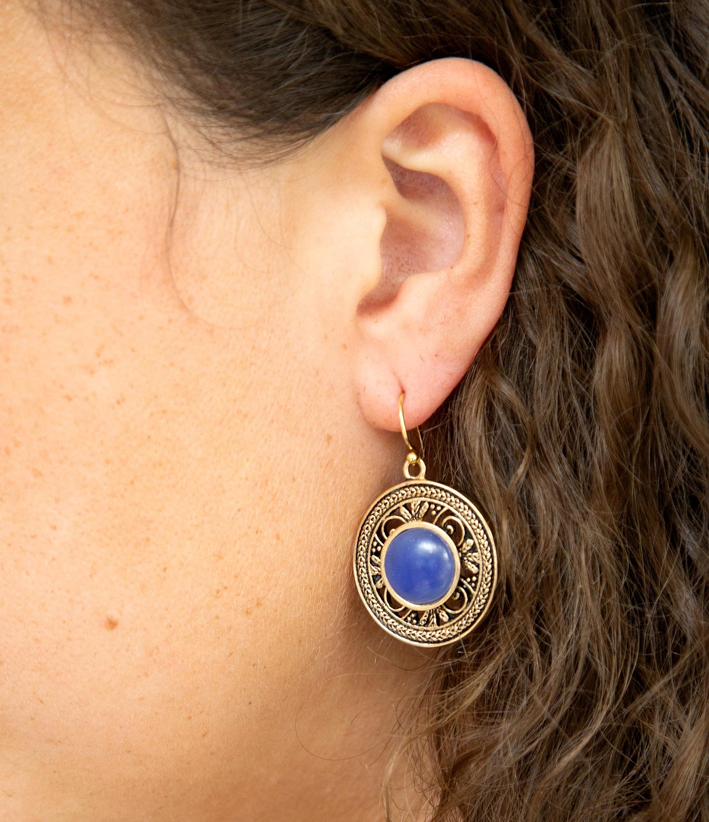 Blue Agate Golden Detail Drop Earrings Barse Jewelry