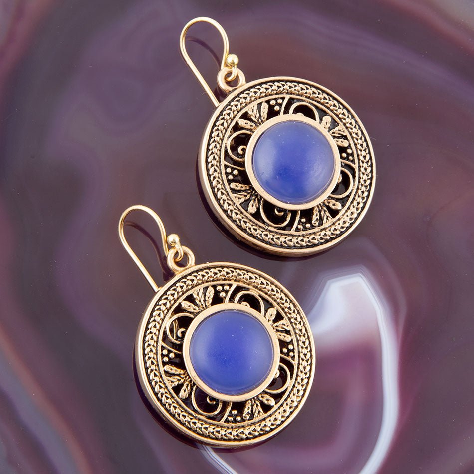 Blue Agate Golden Detail Drop Earrings Barse Jewelry