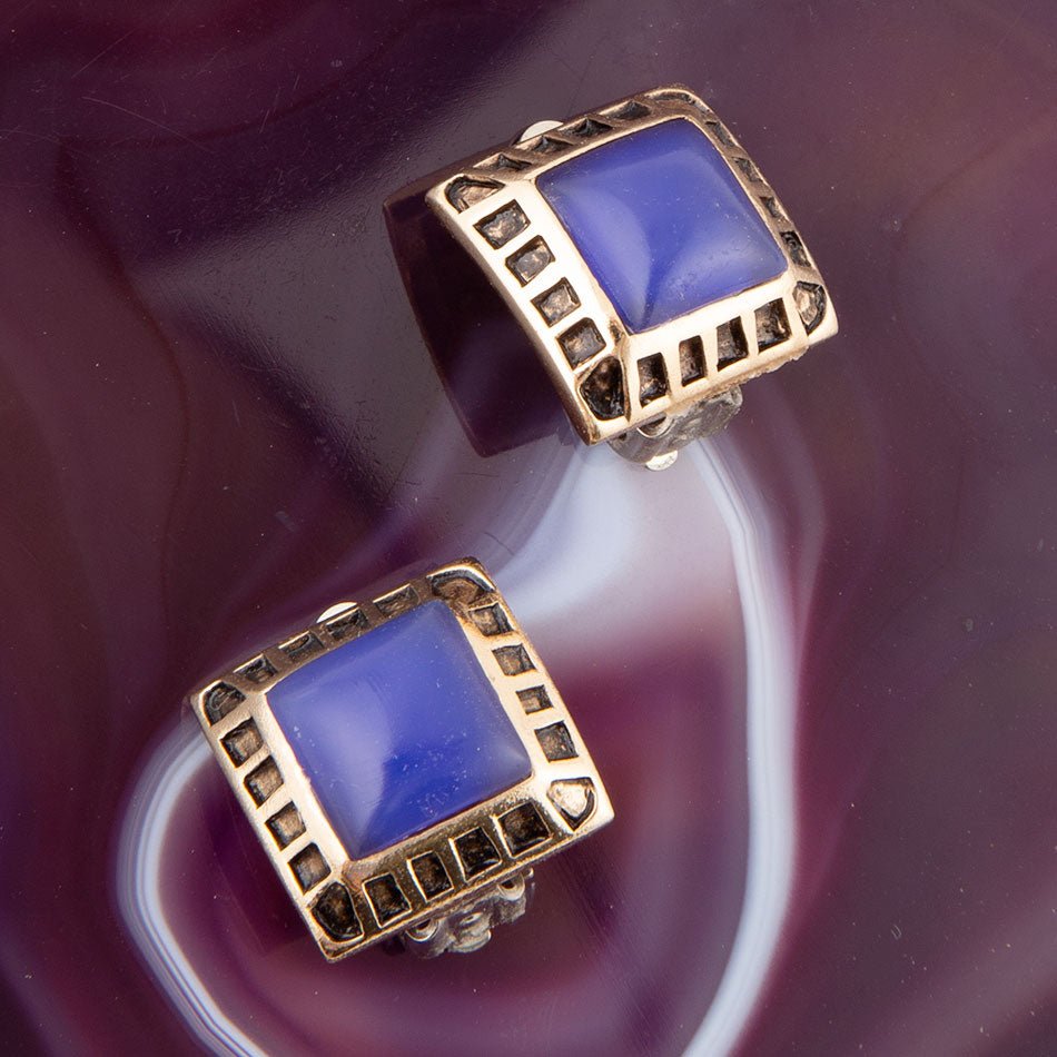 Blue Agate Golden Clip Earrings Clip On Earrings Barse Jewelry