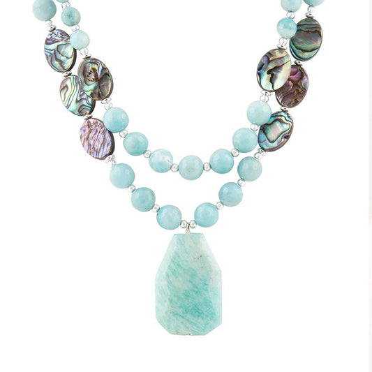 Blue Amazonite and Abalone Pendant Necklace