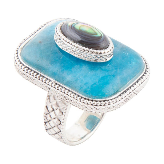 Blue Apatite Oval and Abalone Stacked Sterling Silver Ring Barse Jewelry