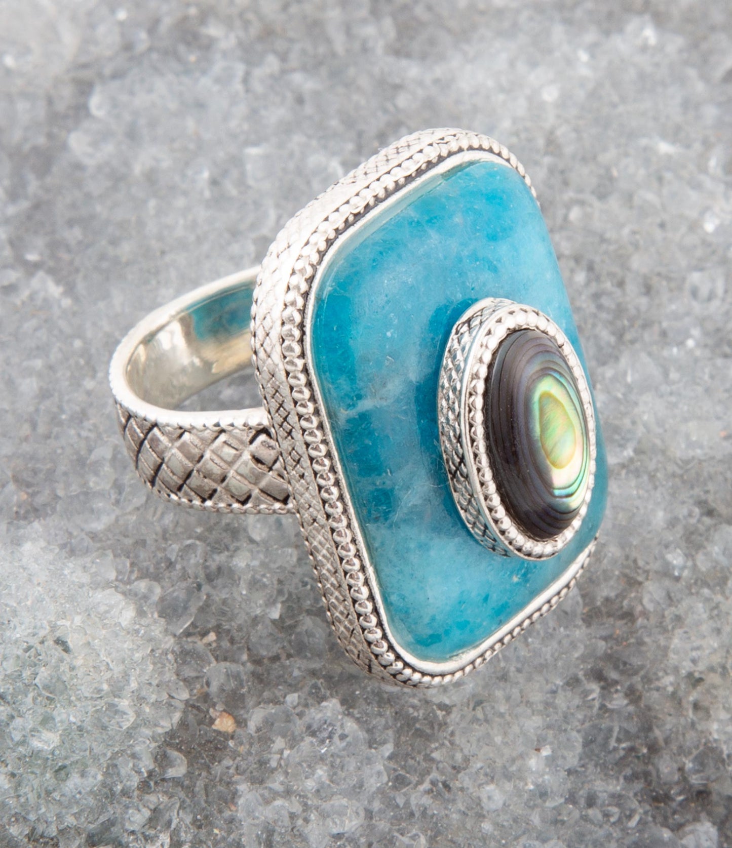 Blue Apatite Oval and Abalone Stacked Sterling Silver Ring Barse Jewelry