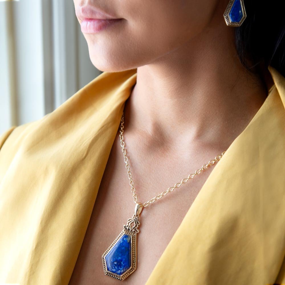 Blue Lapis Golden Elongated Pendant Necklace 30-32 Inch Chain Barse Jewelry