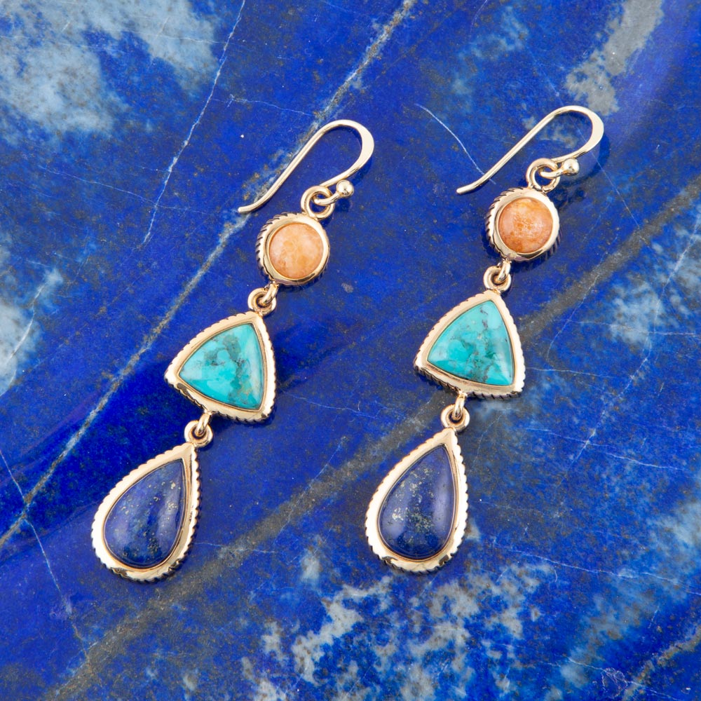 Blue Lapis Turquoise Orange Sponge Coral Golden Drop Earrings Barse Jewelry