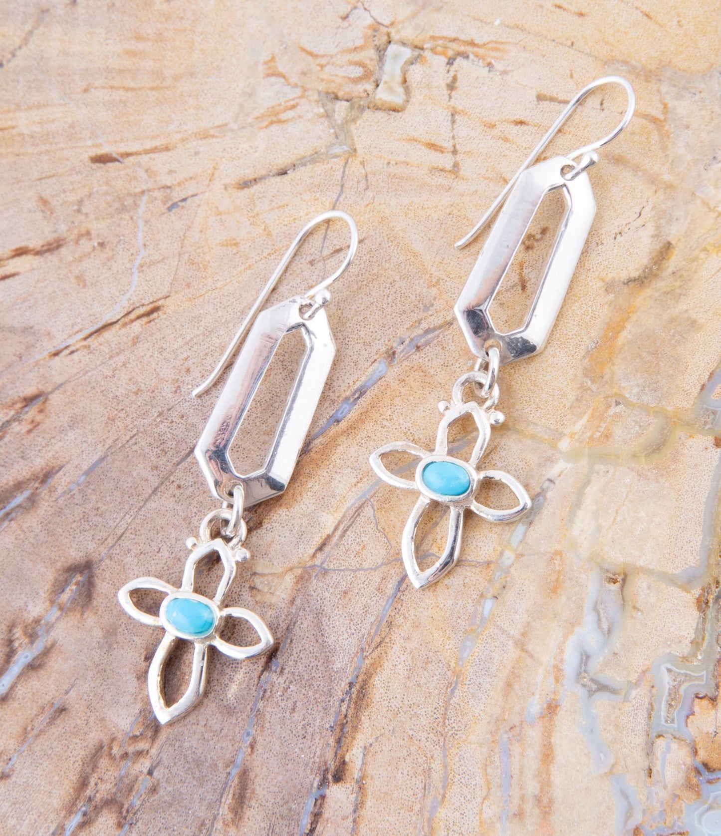 Blue Turquoise Sterling Silver Cross Drop Earrings