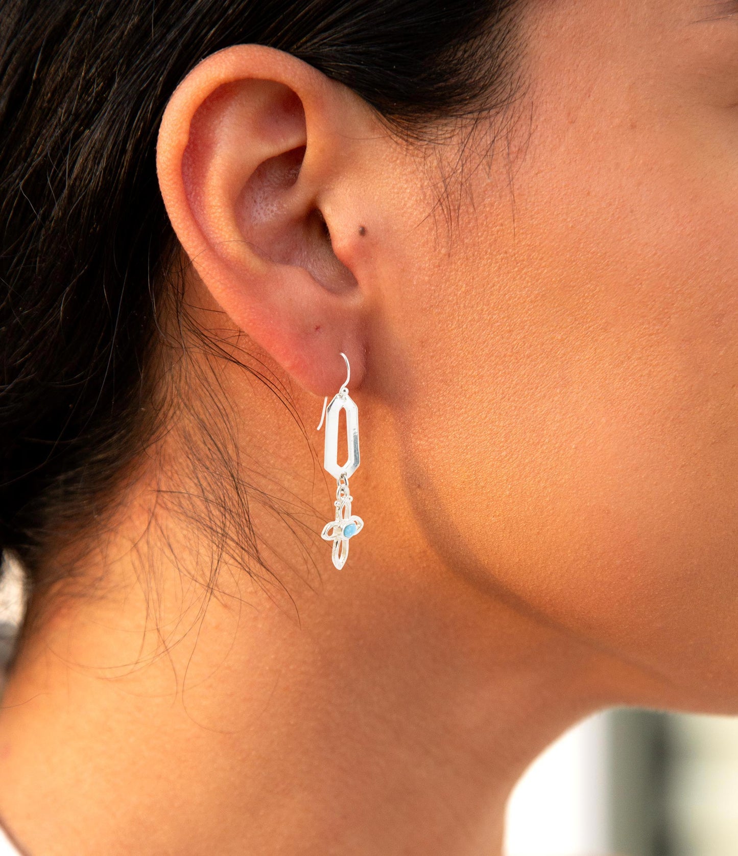 Blue Turquoise Sterling Silver Cross Drop Earrings