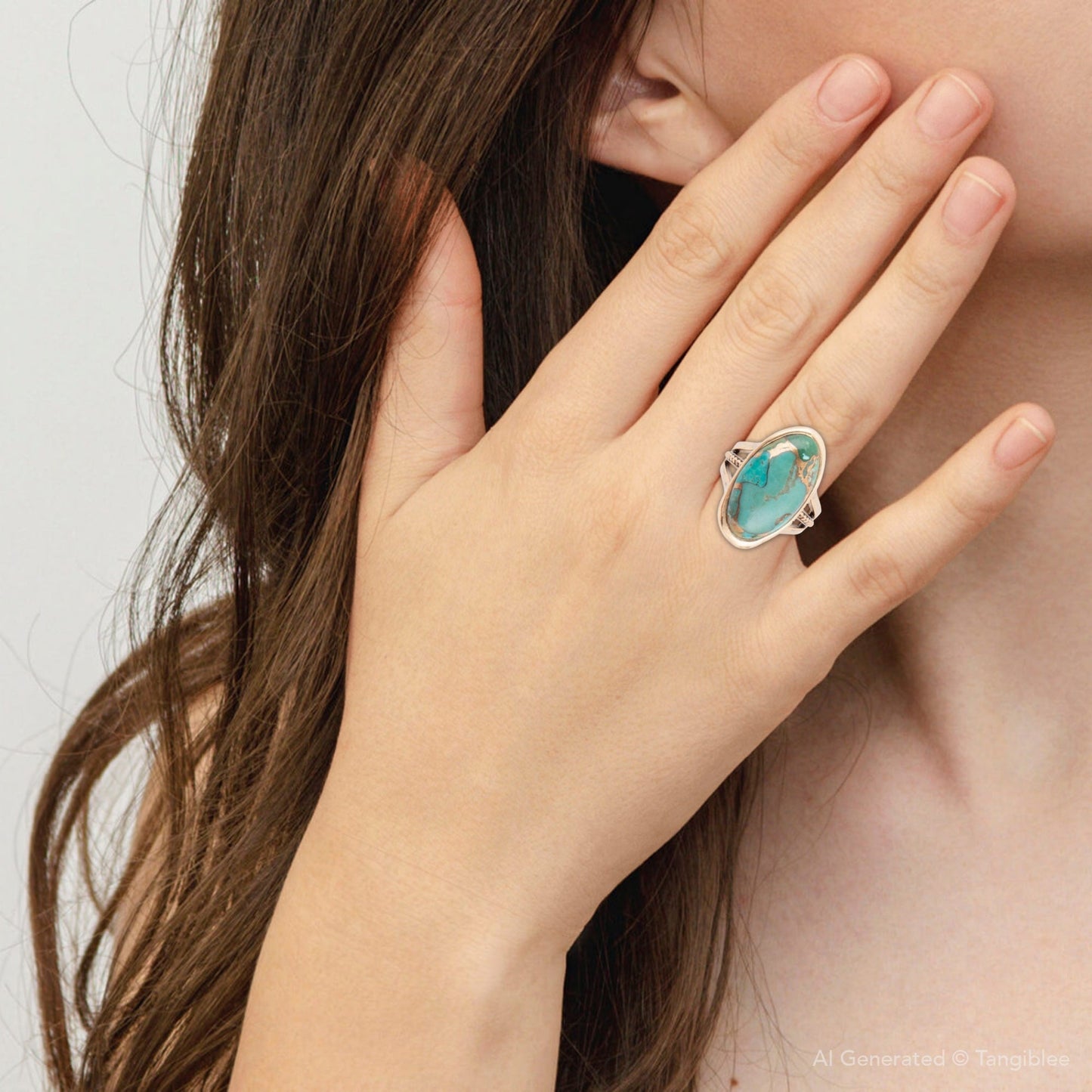 Blue Turquoise Bronze Matrix Golden Oval Ring