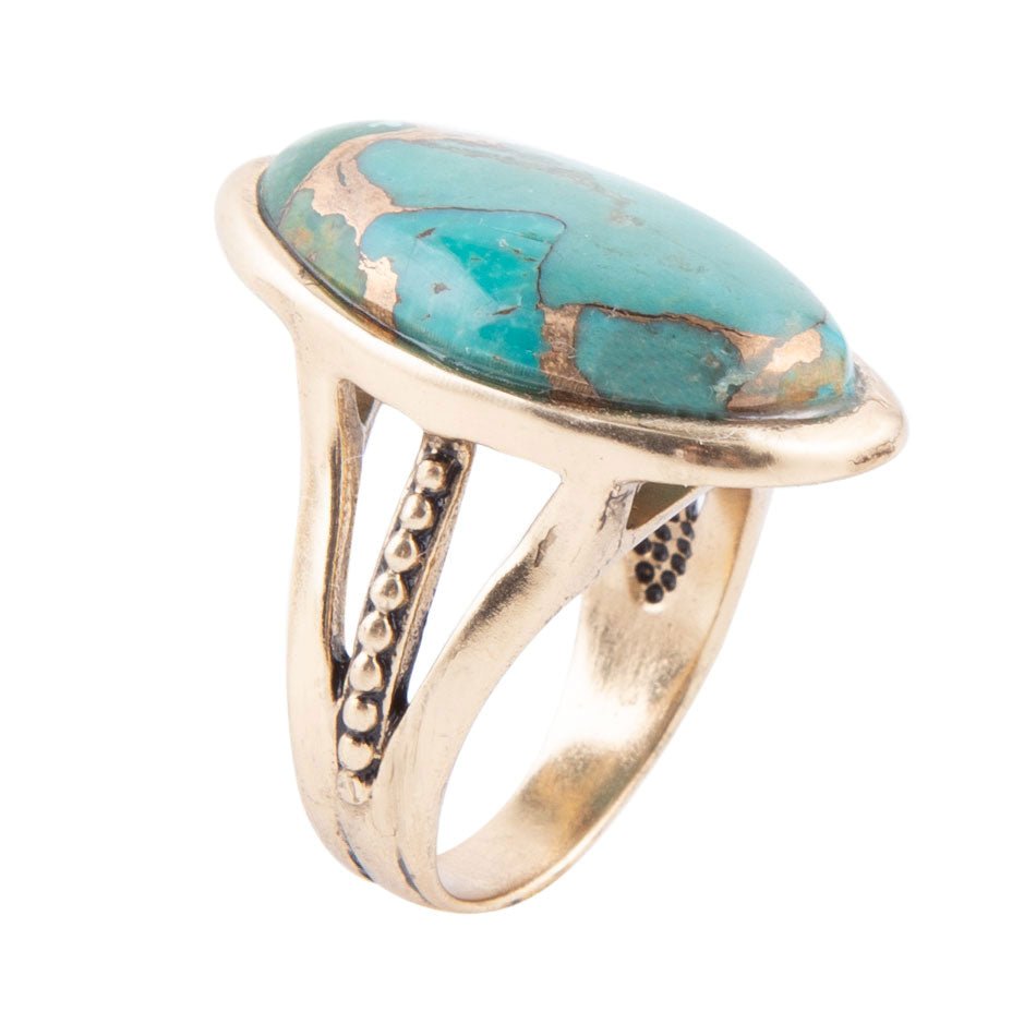 Blue Turquoise Bronze Matrix Golden Oval Ring