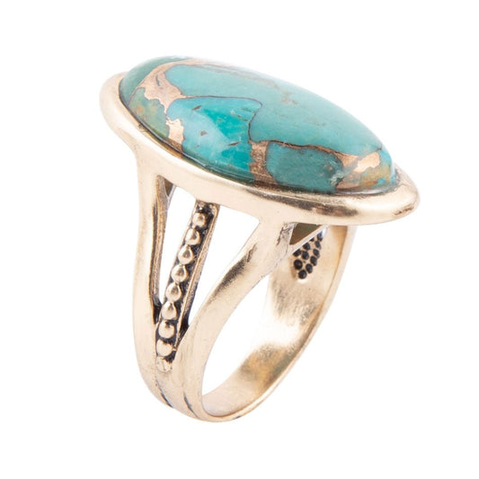 Blue Turquoise Bronze Matrix Golden Oval Ring