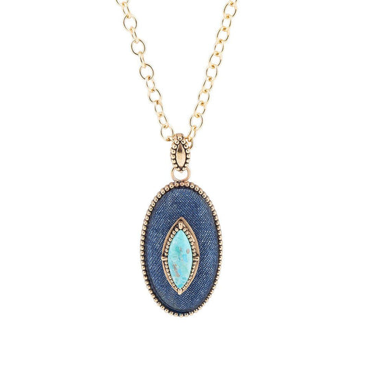 Stacked Blue Turquoise and Denim Golden Pendant Necklace