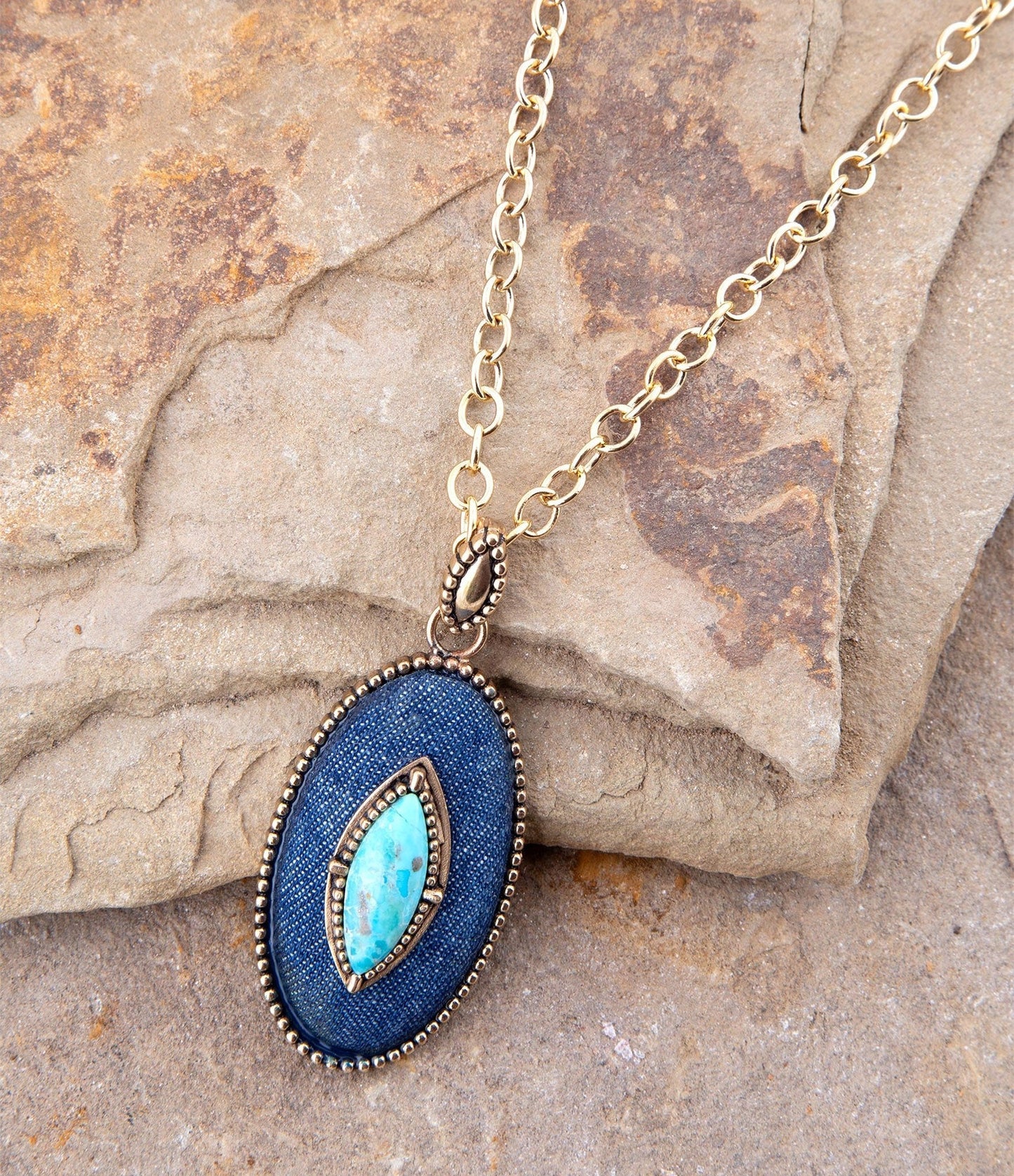 Stacked Blue Turquoise and Denim Golden Pendant Necklace