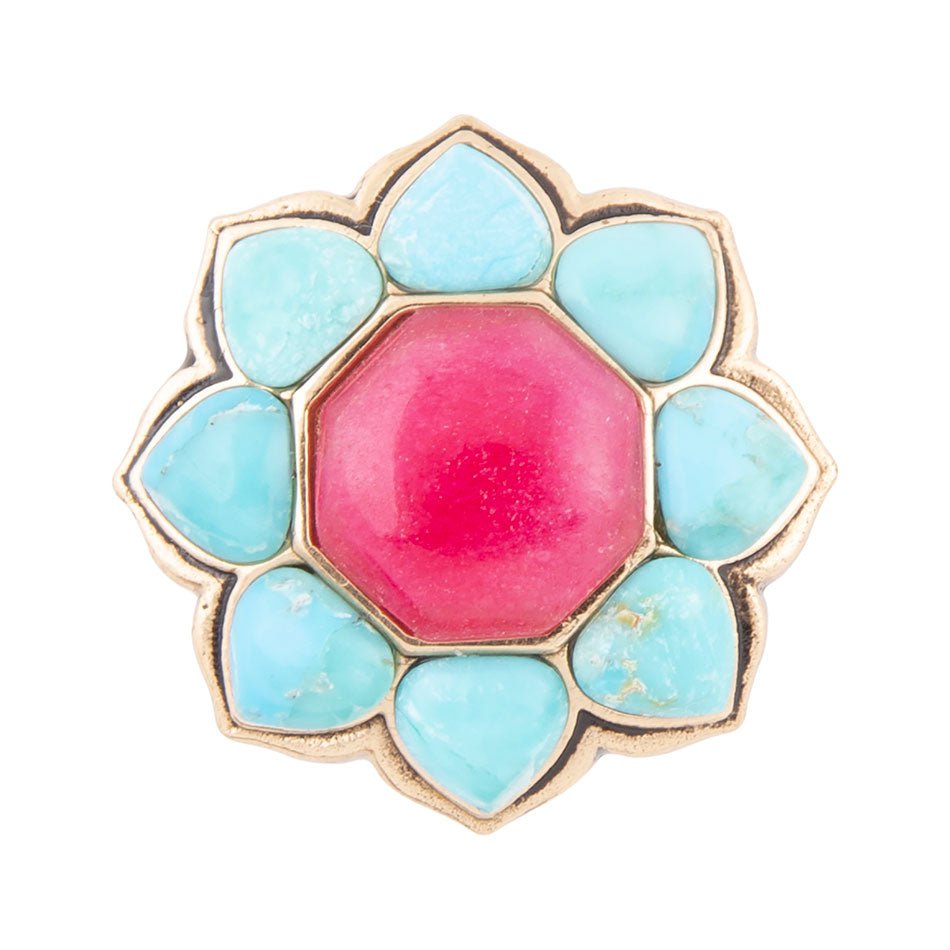 Blue Turquoise Red Quartz Flower Golden Bronze Ring