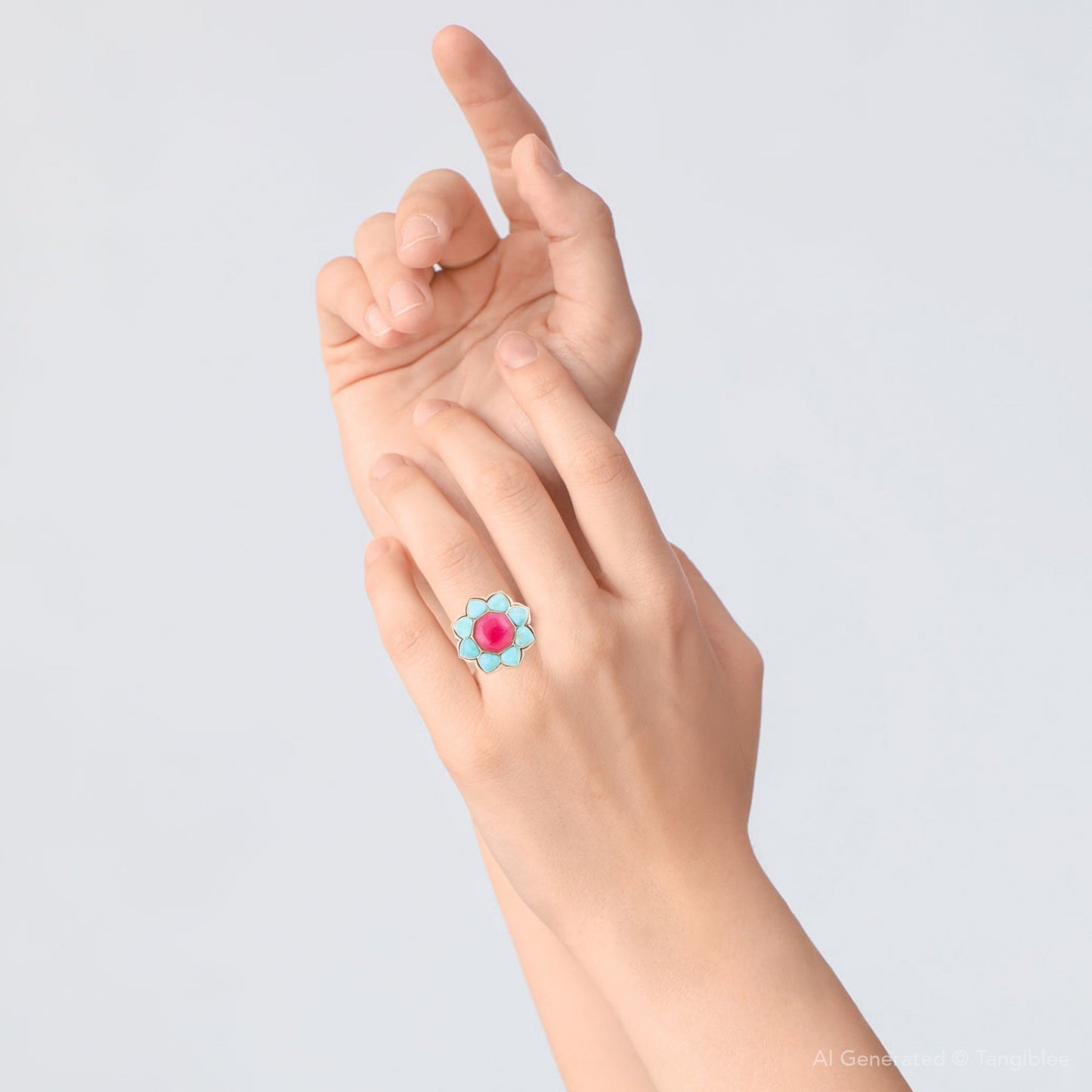 Blue Turquoise Red Quartz Flower Golden Bronze Ring