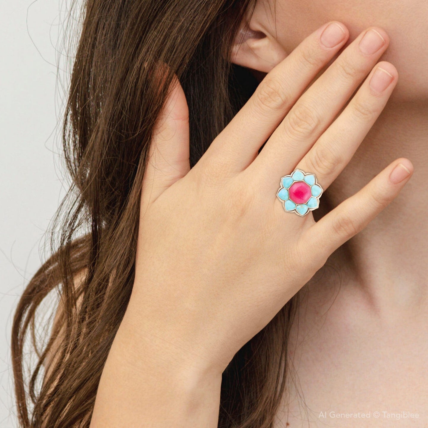 Blue Turquoise Red Quartz Flower Golden Bronze Ring