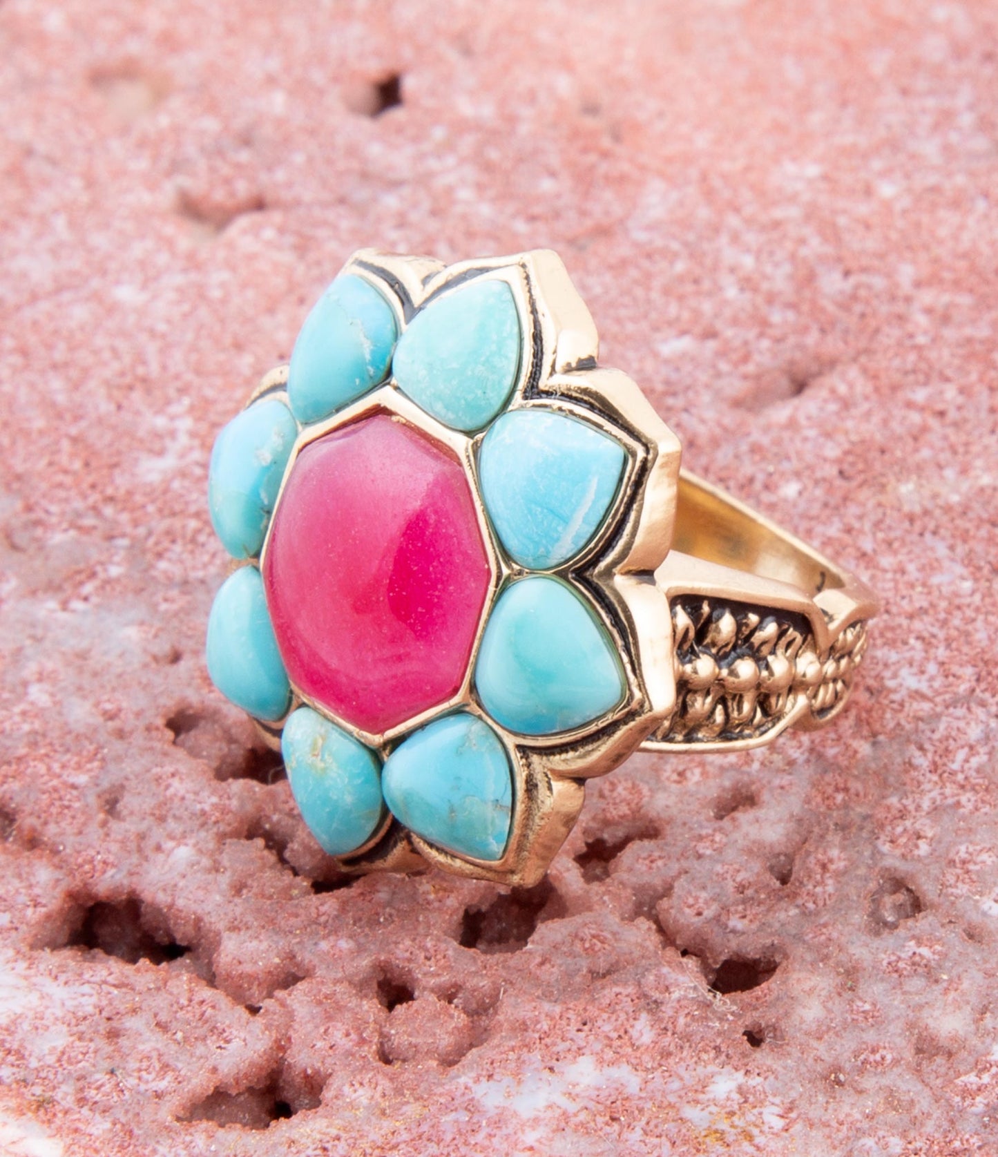 Blue Turquoise Red Quartz Flower Golden Bronze Ring