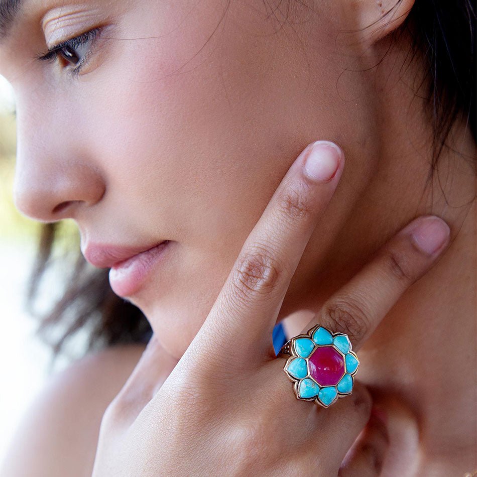 Blue Turquoise Red Quartz Flower Golden Bronze Ring