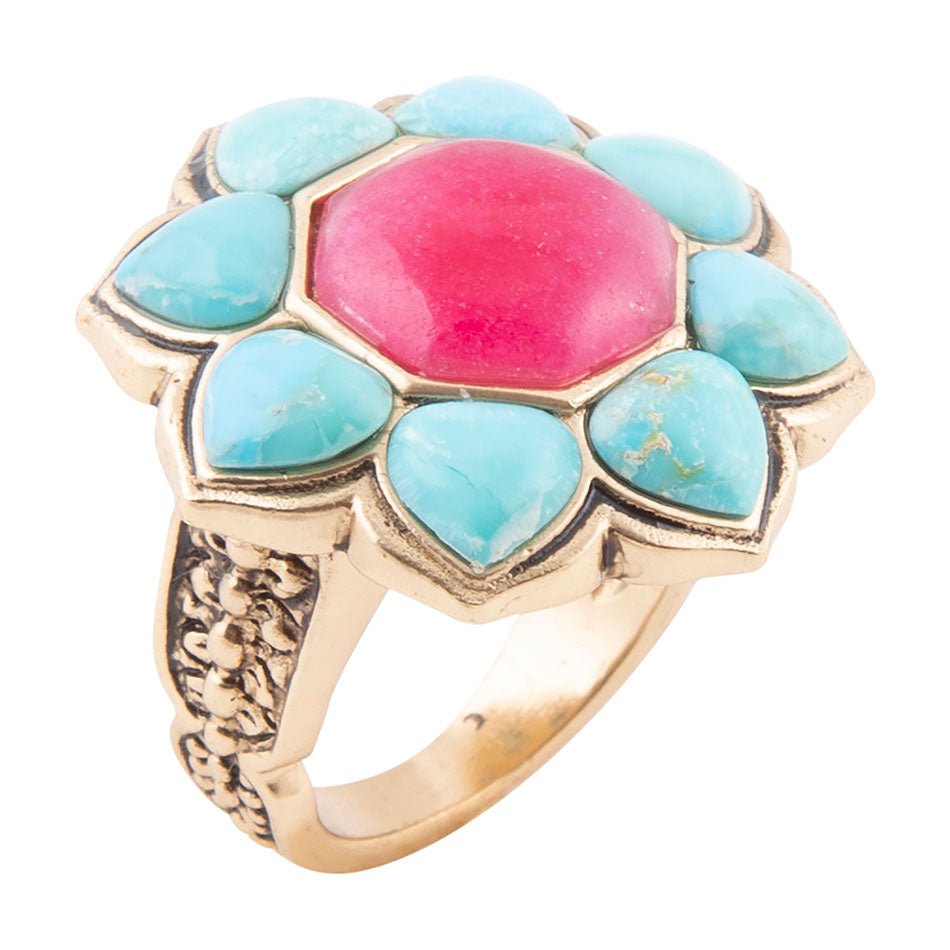 Blue Turquoise Red Quartz Flower Golden Bronze Ring