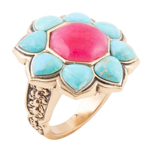 Blue Turquoise Red Quartz Flower Golden Bronze Ring