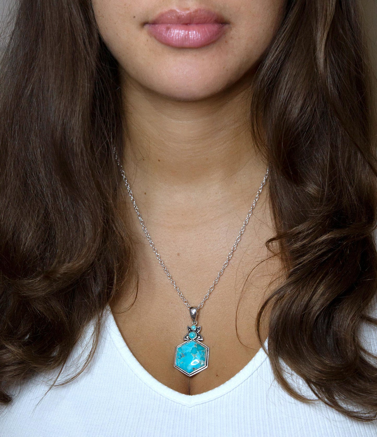 Blue Turquoise Hexagon Pendant Necklace Sterling Silver