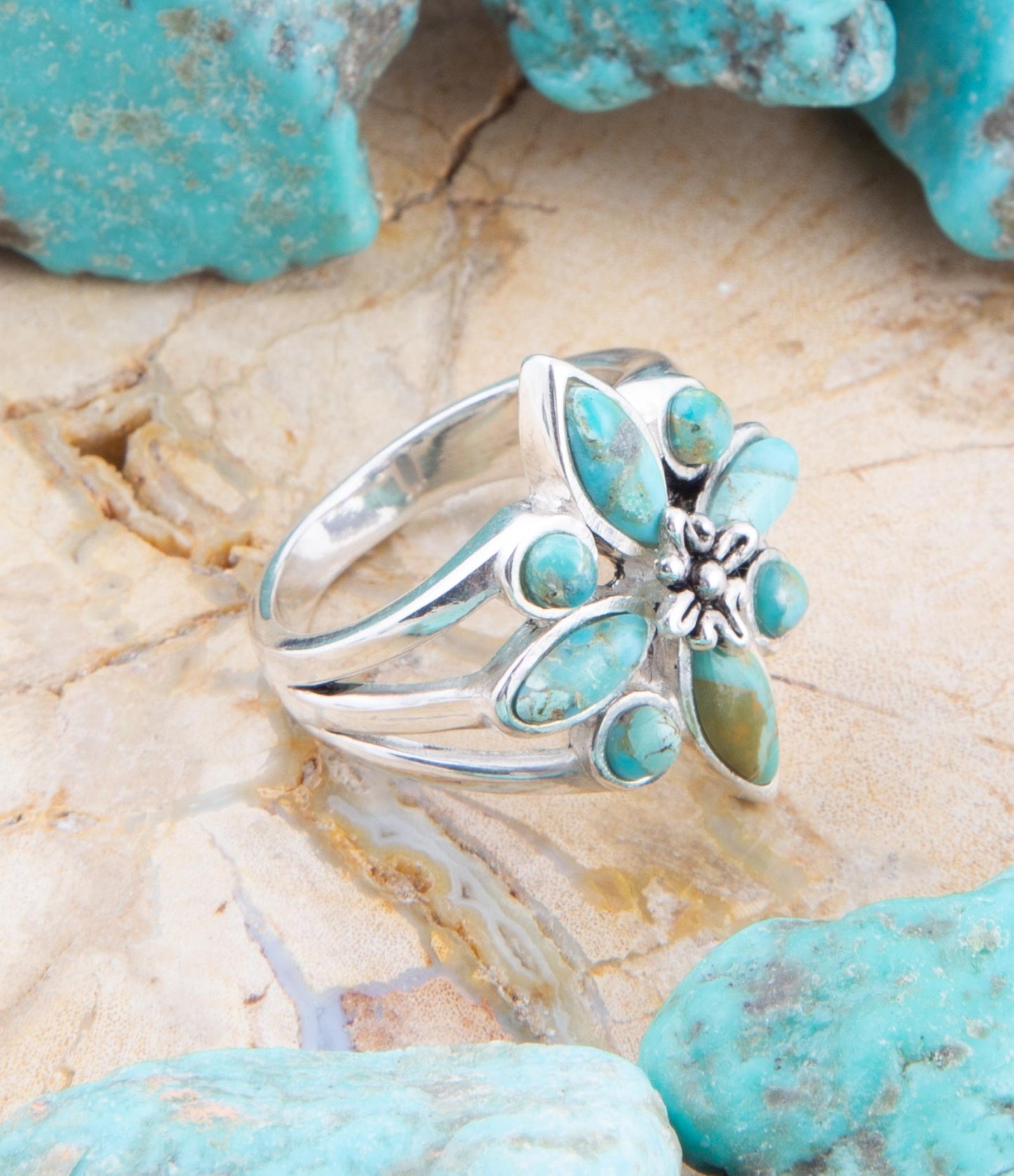 Floral Blue Turquoise Sterling Silver Statement Ring