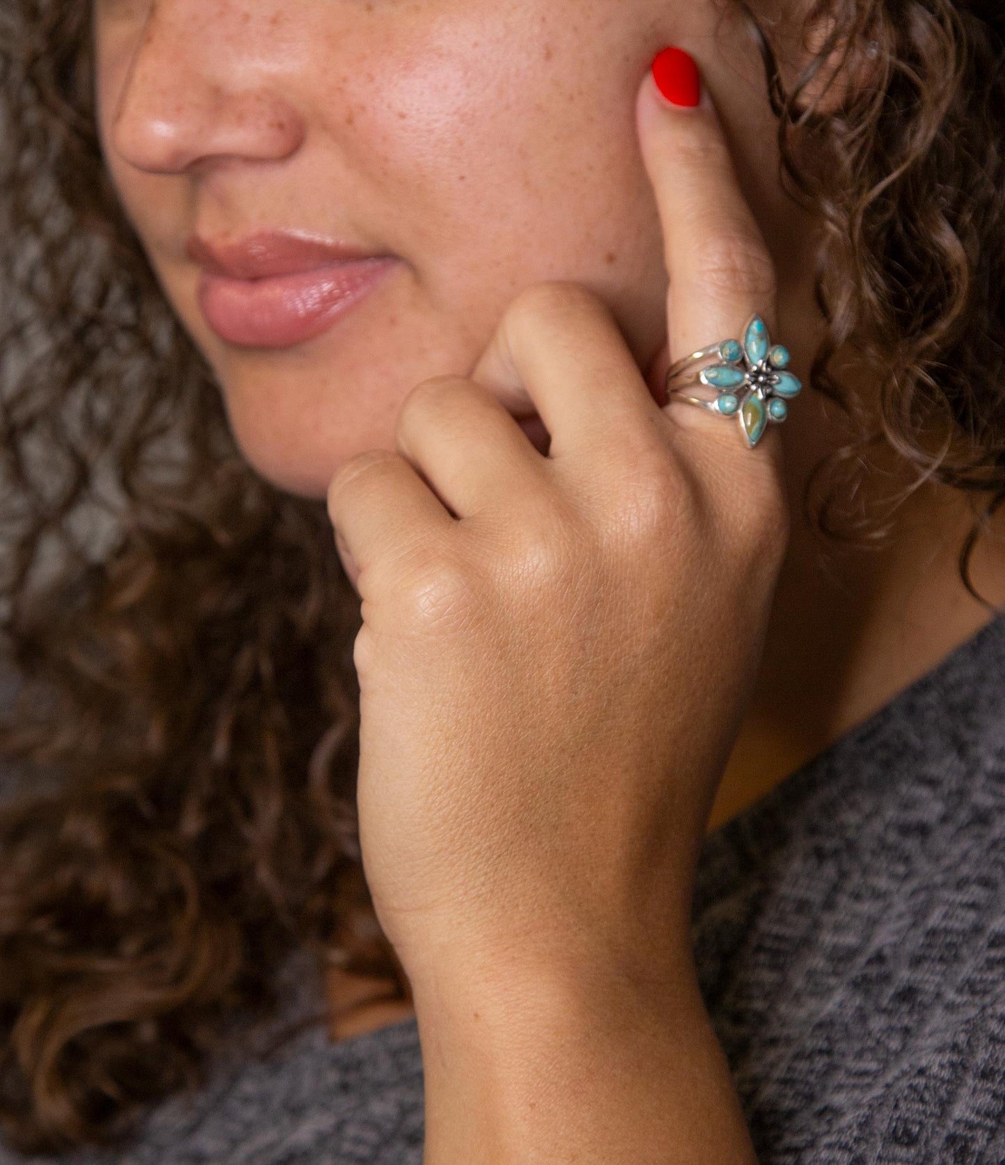 Floral Blue Turquoise Sterling Silver Statement Ring