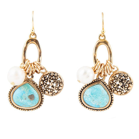 Blue Turquoise White Pearl Multi Charm Golden Charm Earrings