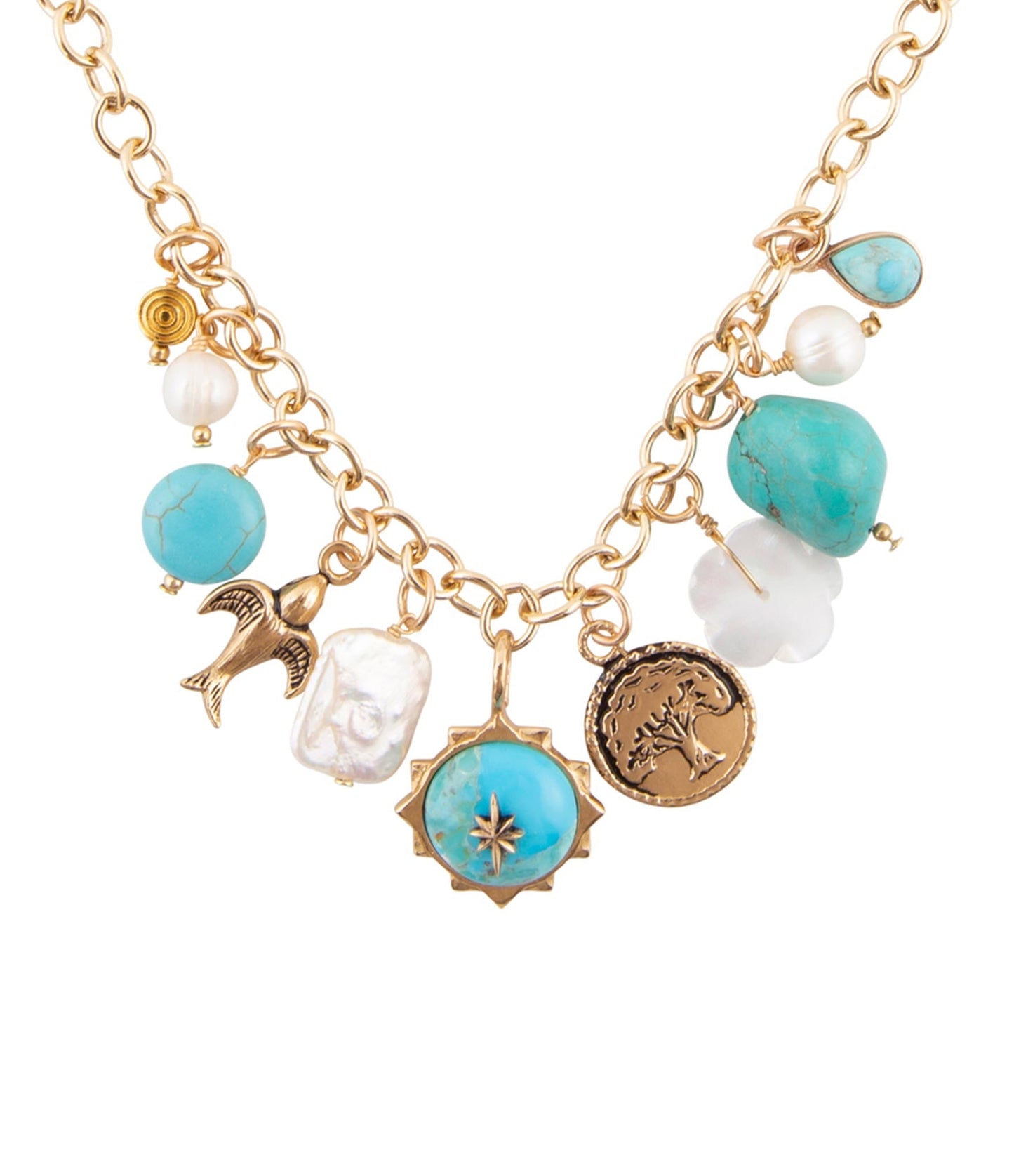 Blue Turquoise White Pearl Multi Charm Golden Necklace Barse Jewelry