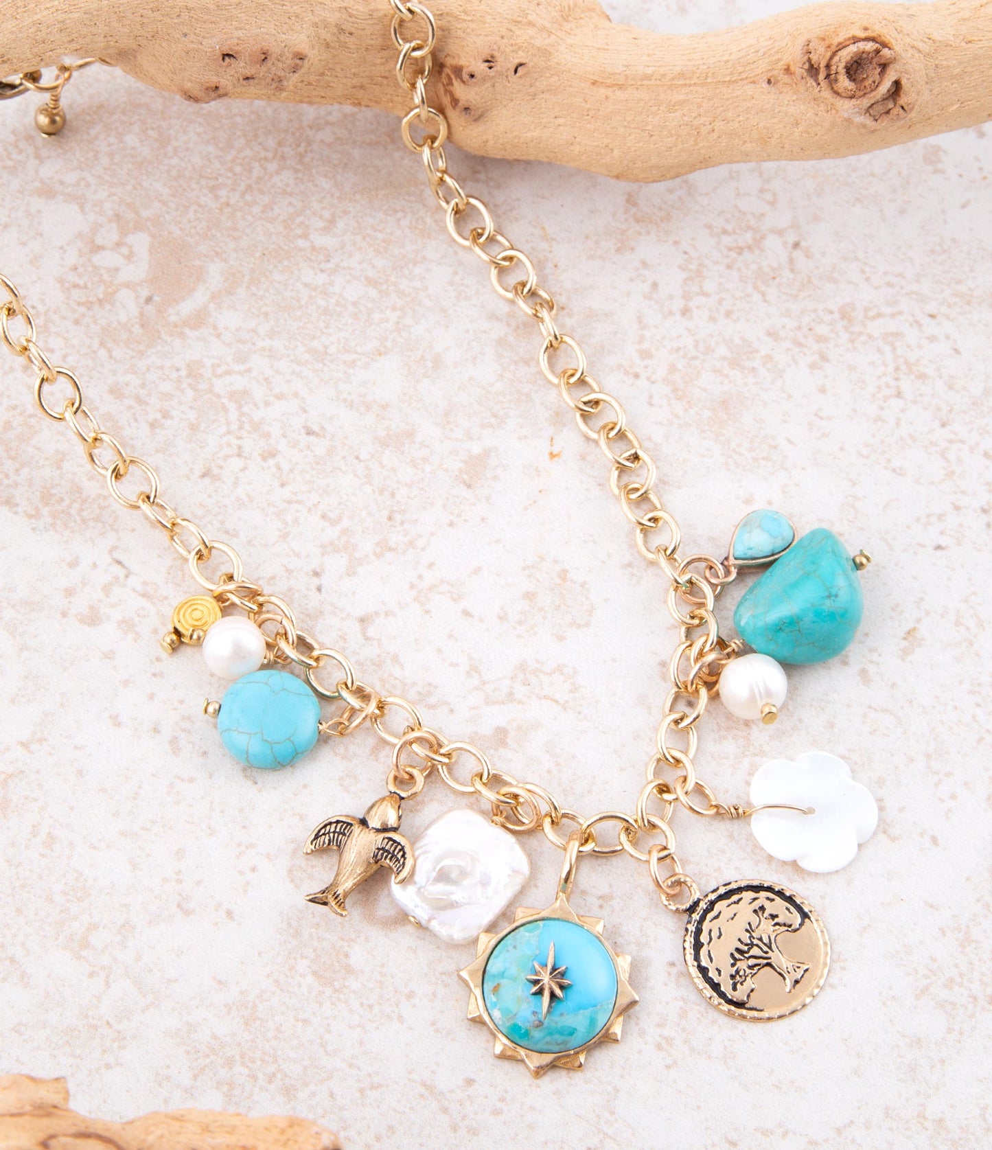 Blue Turquoise White Pearl Multi Charm Golden Necklace Barse Jewelry