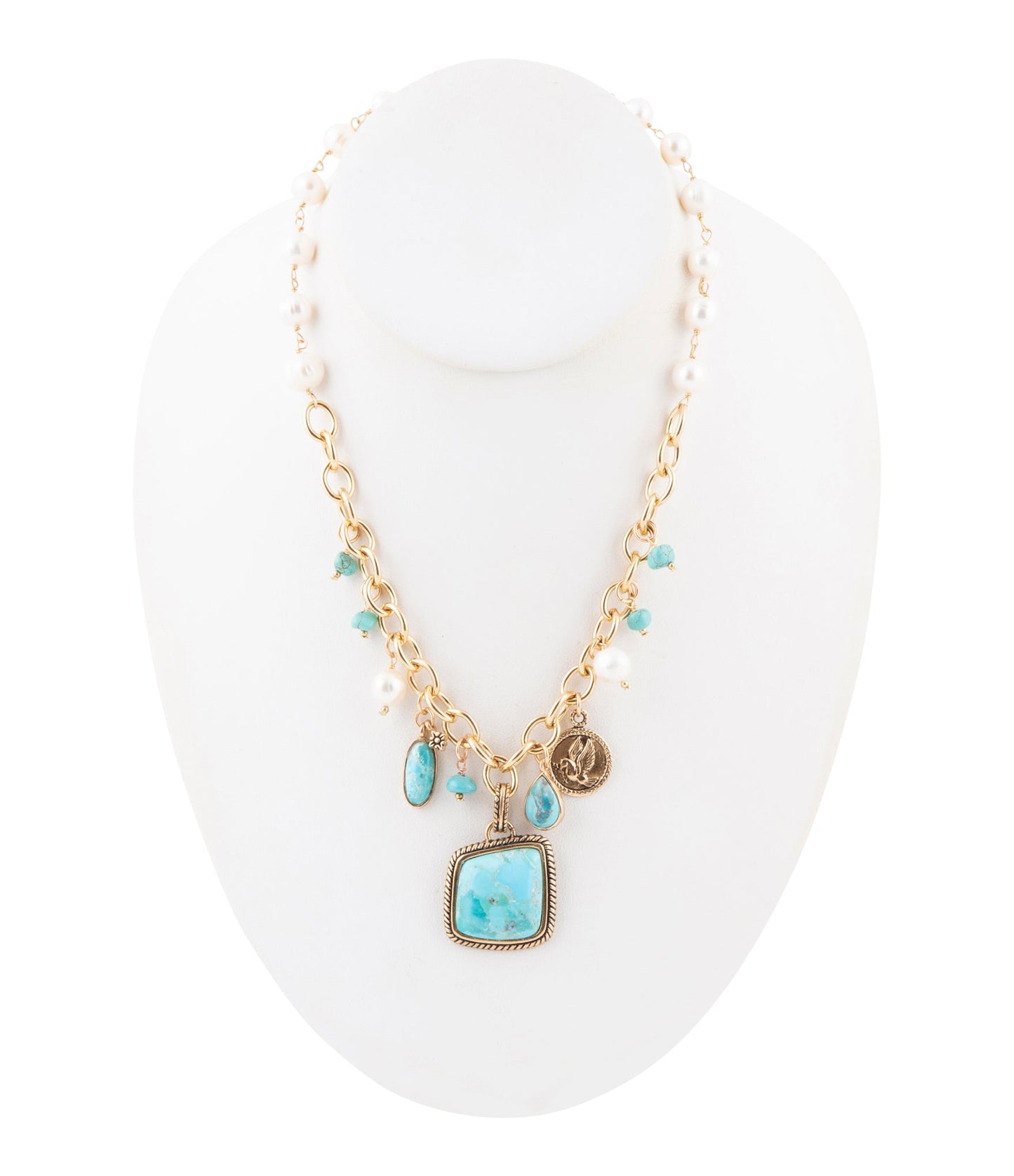 Blue Turquoise and White Pearl Multi Pendant Golden Necklace