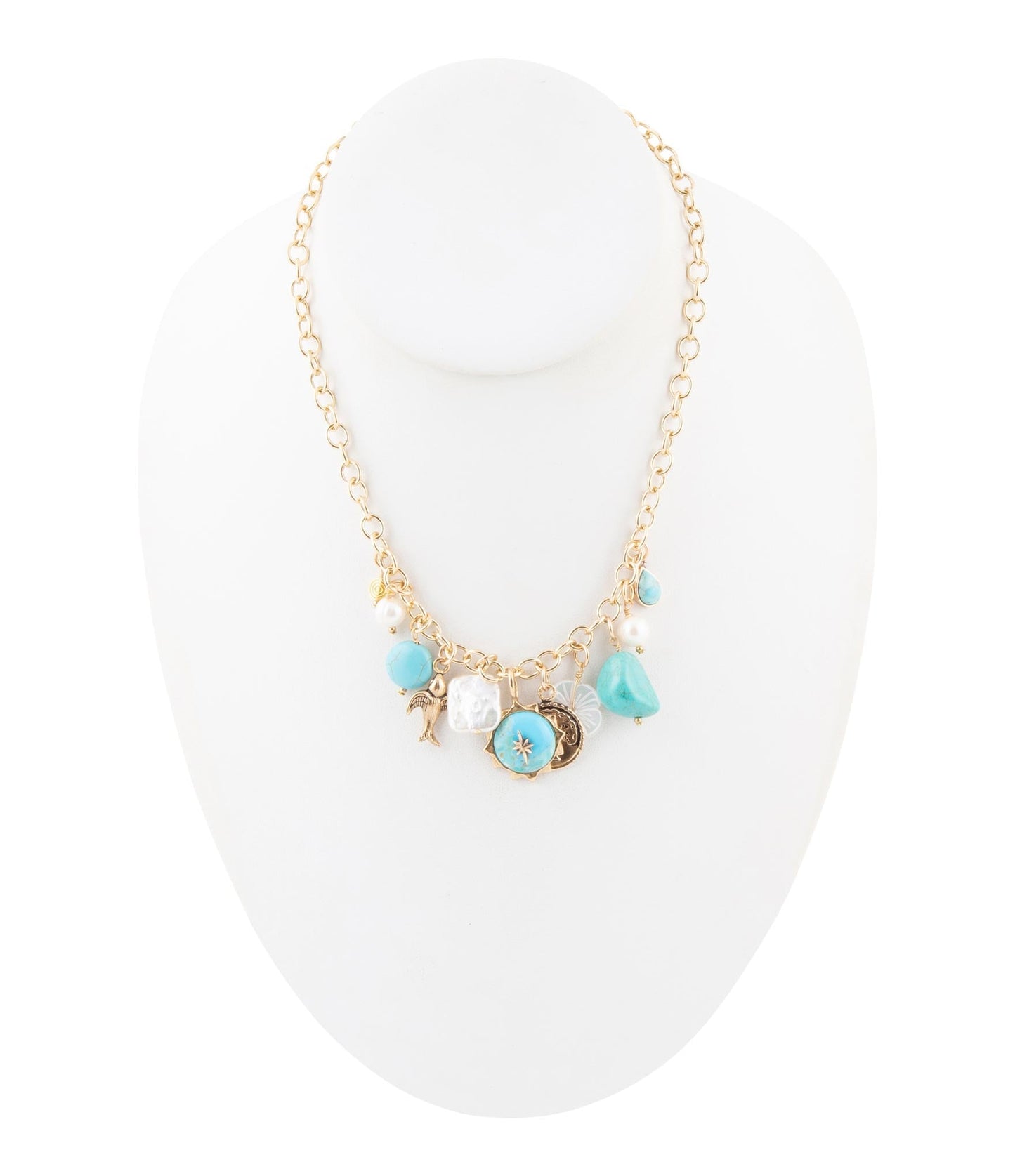 Blue Turquoise White Pearl Multi Charm Golden Necklace Barse Jewelry