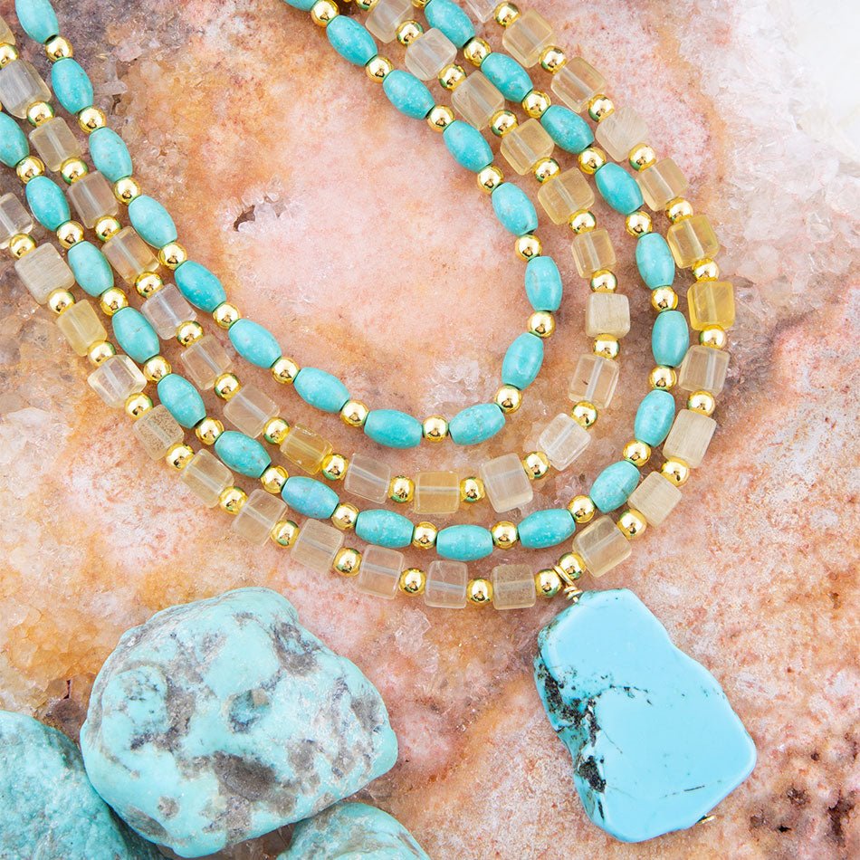 Blue Turquoise and Yellow Citrine Multi-Layer Golden Necklace Barse Jewelry