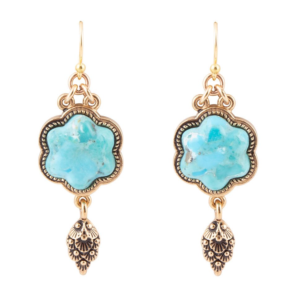 Blue Turquoise Flower Golden Drop Earrings Genuine Turquoise Jewelry