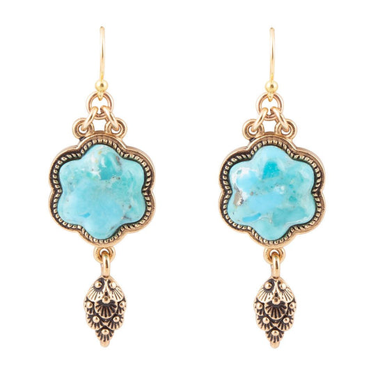 Blue Turquoise Flower Golden Drop Earrings Genuine Turquoise Jewelry