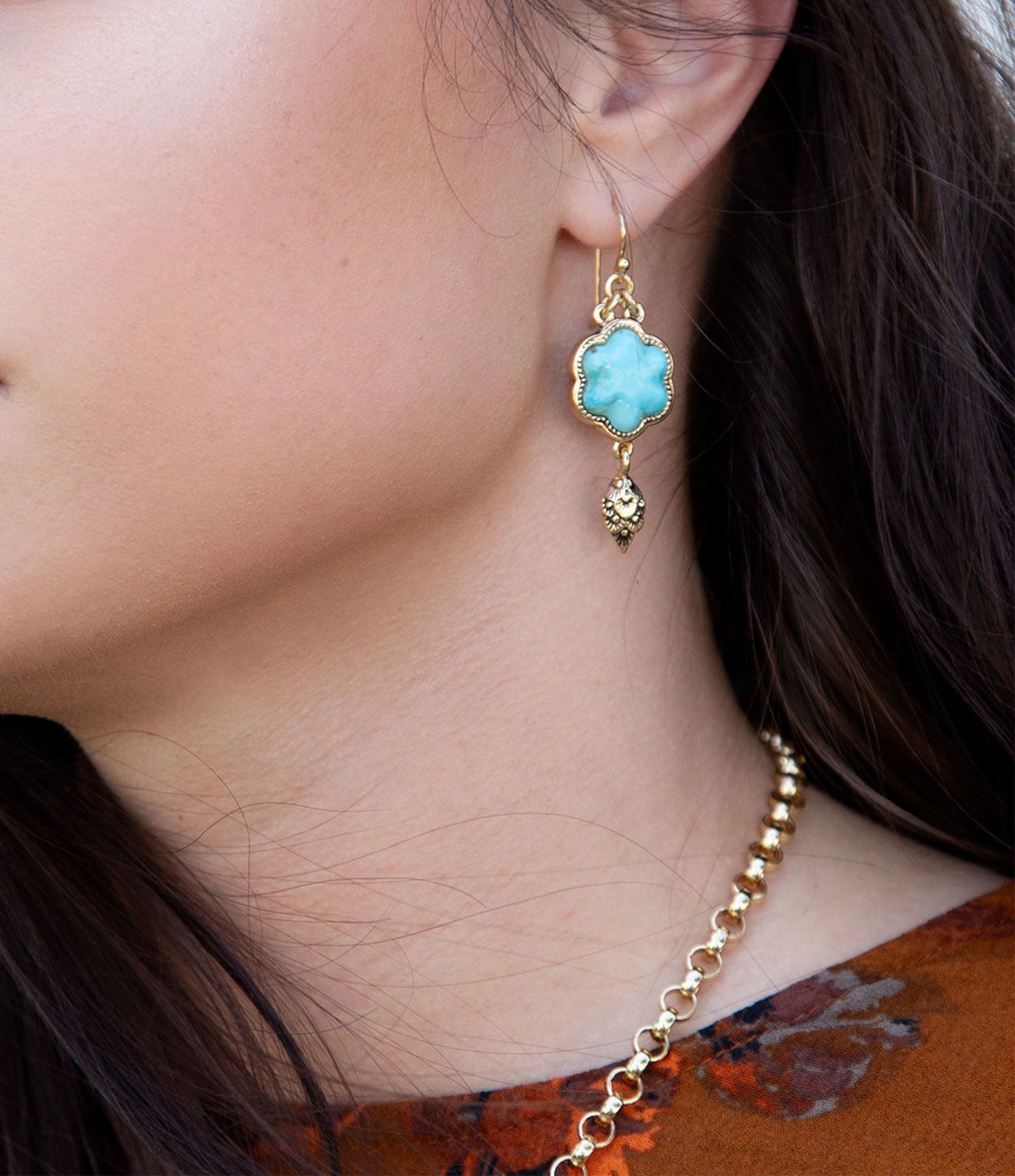 Blue Turquoise Flower Golden Drop Earrings Genuine Turquoise Jewelry