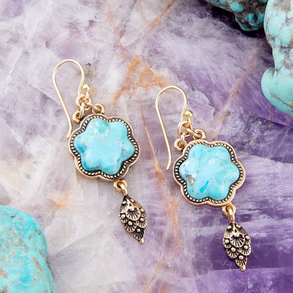 Blue Turquoise Flower Golden Drop Earrings Genuine Turquoise Jewelry