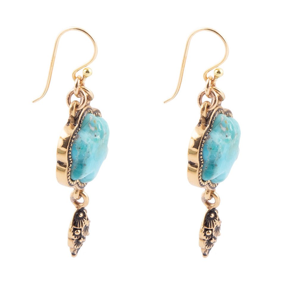Blue Turquoise Flower Golden Drop Earrings Genuine Turquoise Jewelry