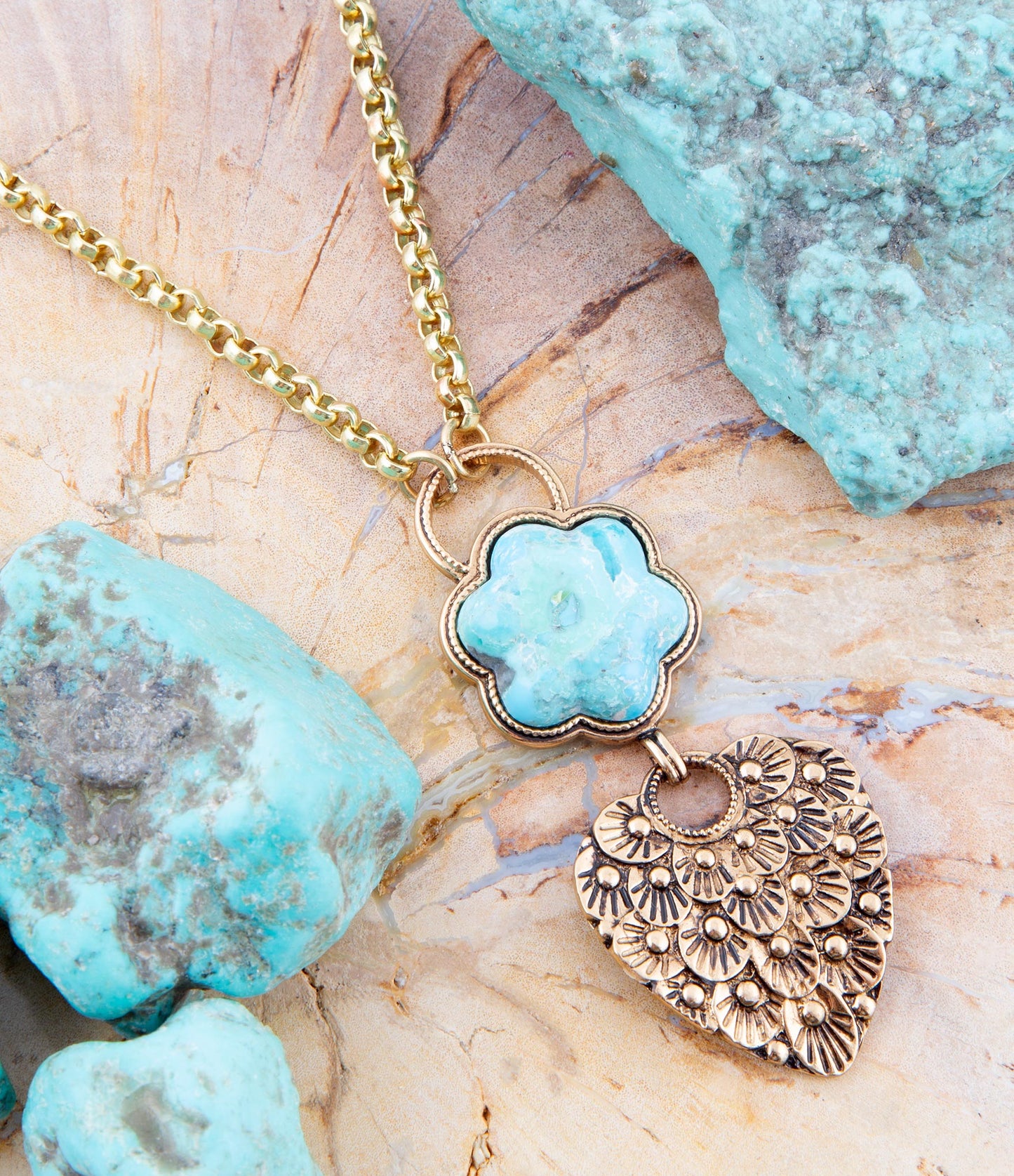 Blue Turquoise Flower Golden Necklace Barse Jewelry