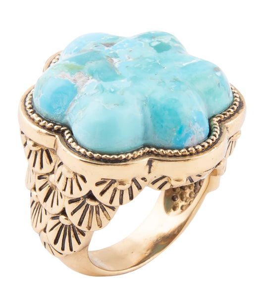 Blue Turquoise Flower Golden Ring Handcrafted Jewelry