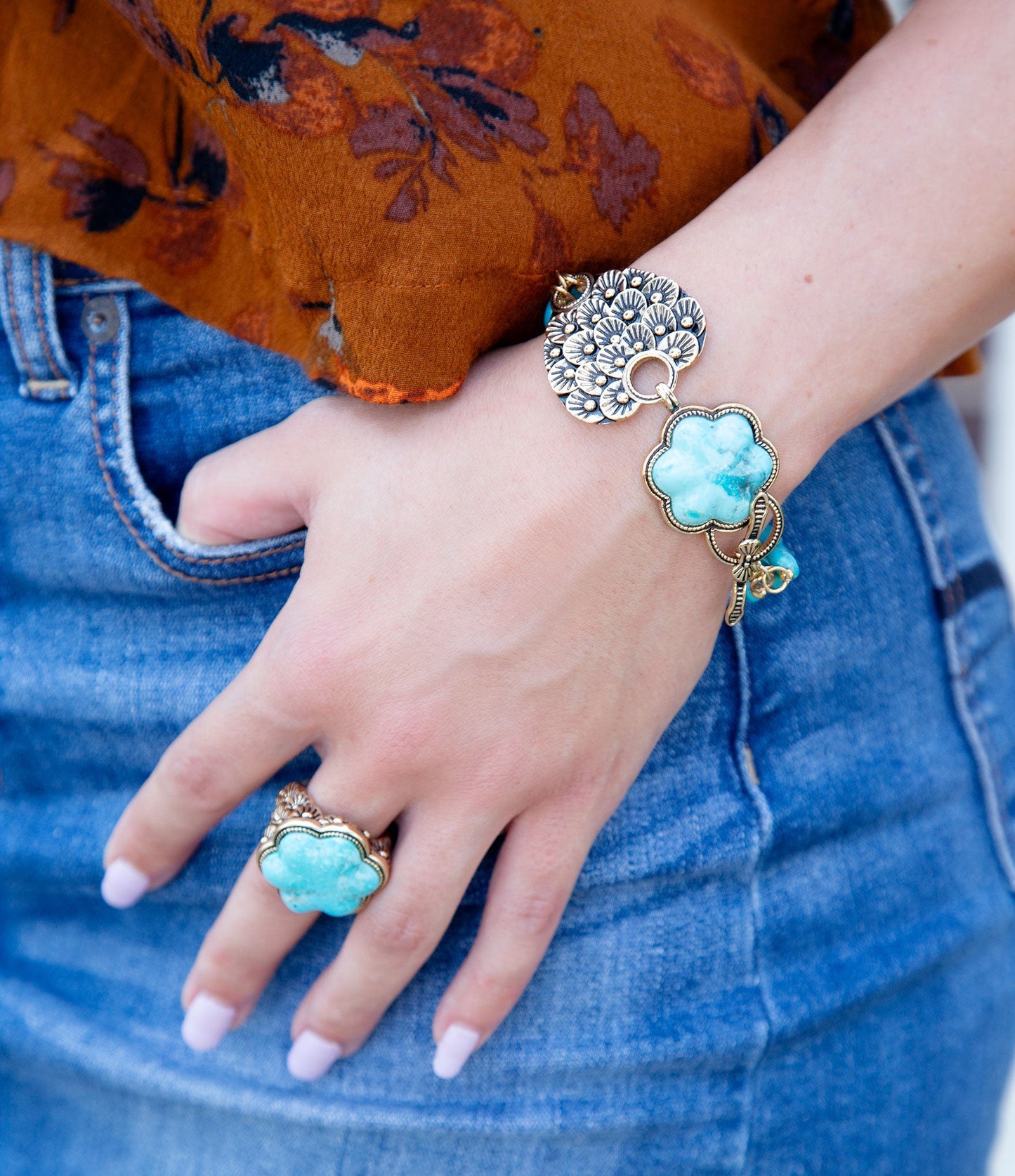 Blue Turquoise Flower Golden Ring Handcrafted Jewelry