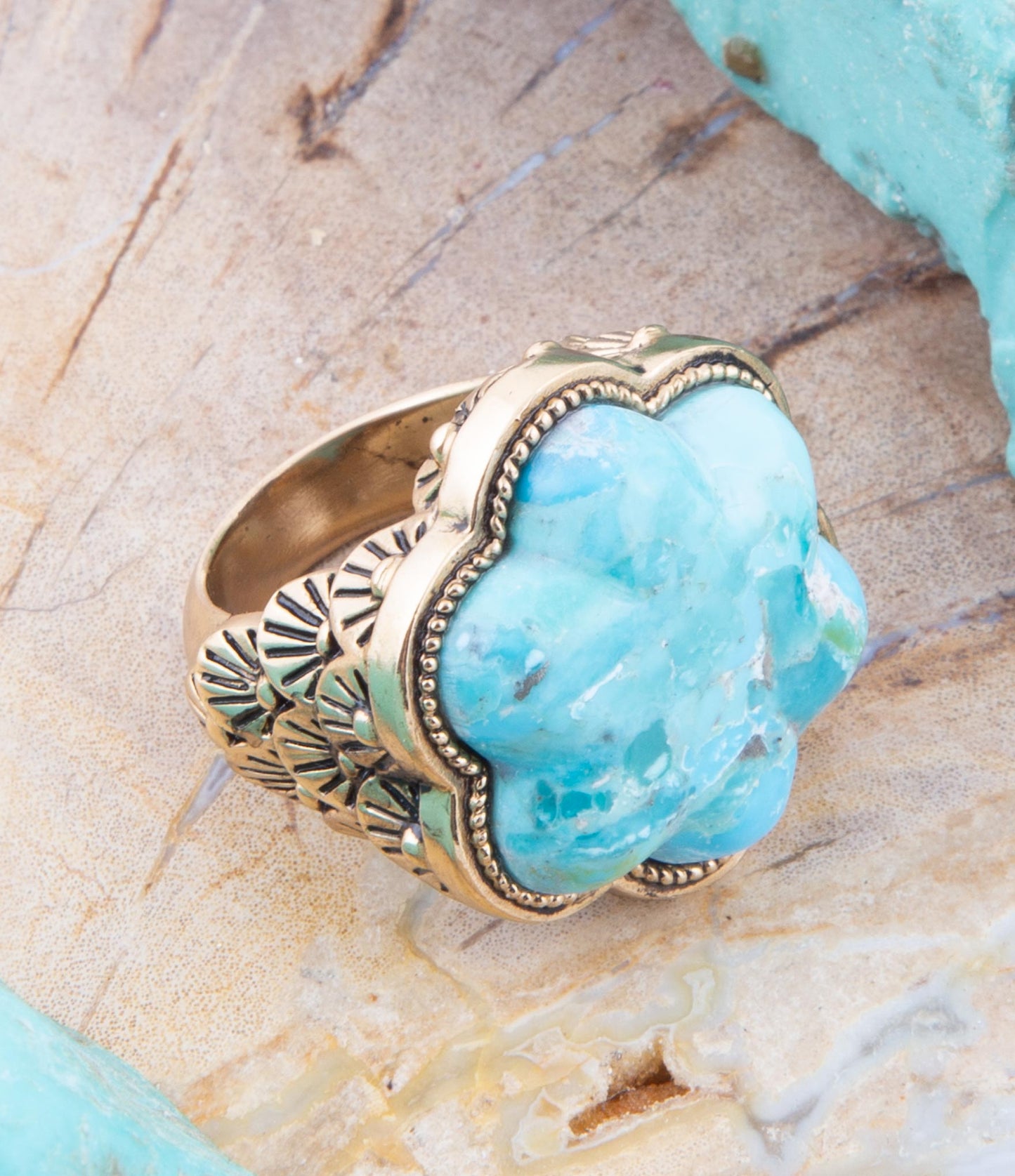 Blue Turquoise Flower Golden Ring Handcrafted Jewelry