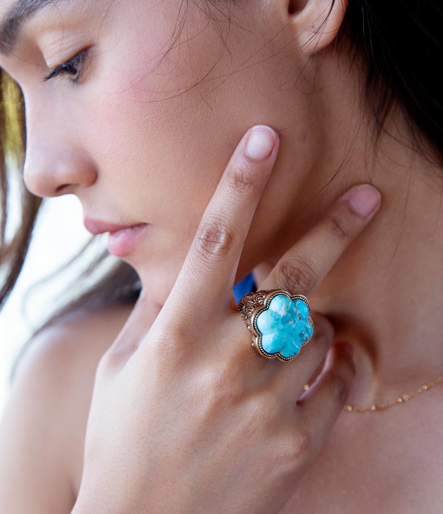 Blue Turquoise Flower Golden Ring Handcrafted Jewelry