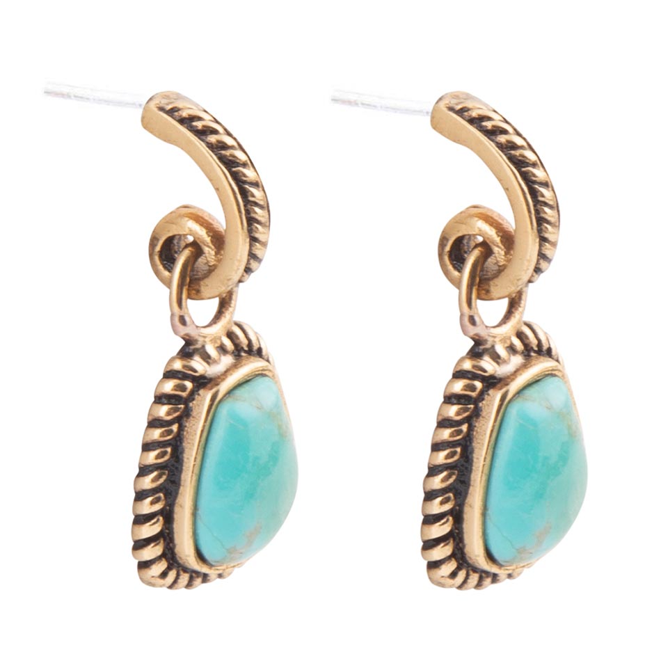 Blue Turquoise Golden Roped Earrings Bronze Handmade