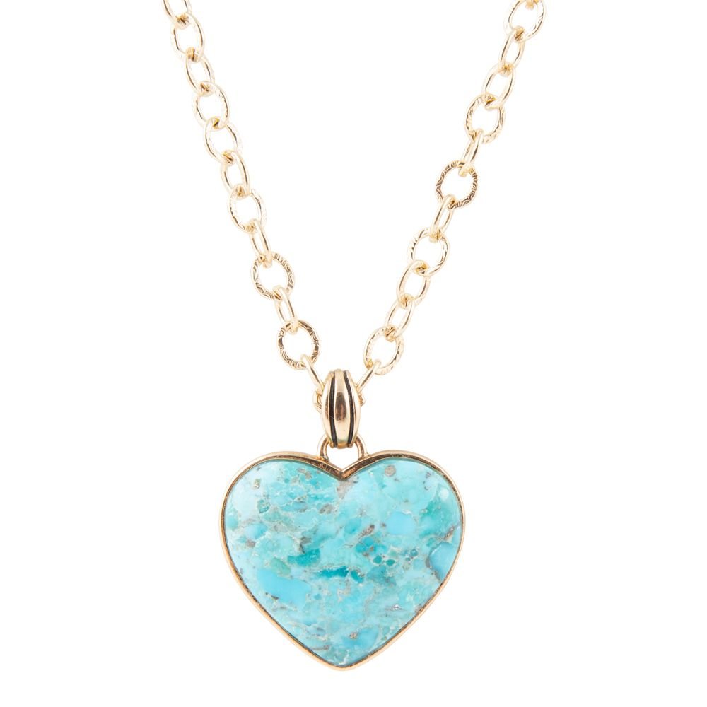 Blue Turquoise Heart Pendant Golden Necklace Barse Jewelry