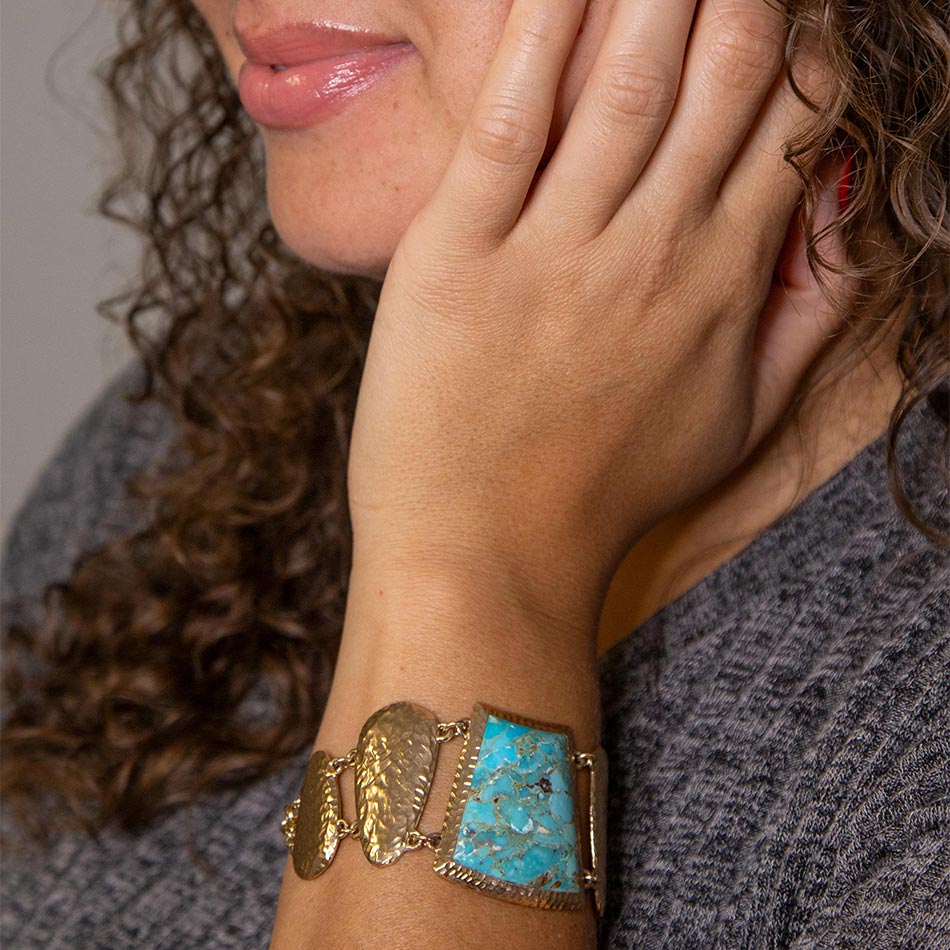 Blue Turquoise Jeweled Golden Bracelet Statement Link