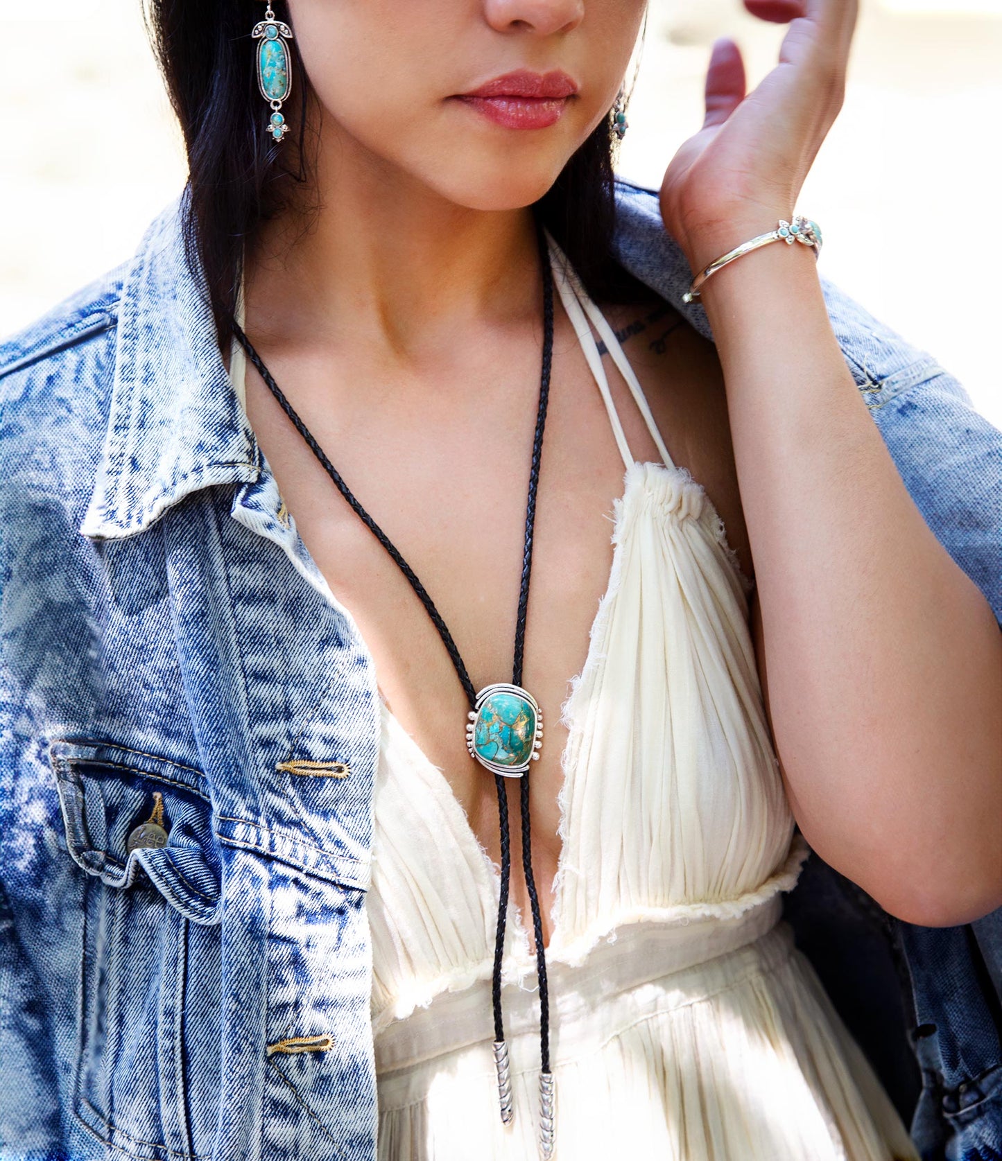 Blue Turquoise Matrix Adjustable Bolo Tie Necklace Sterling Silver