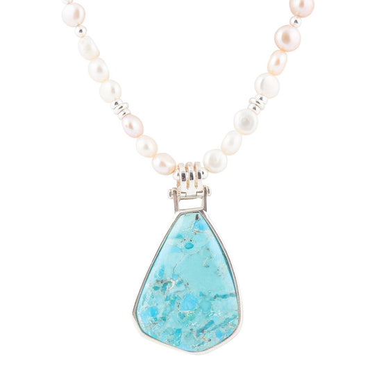 Blue Turquoise Pendant White Pearl Sterling Silver Necklace