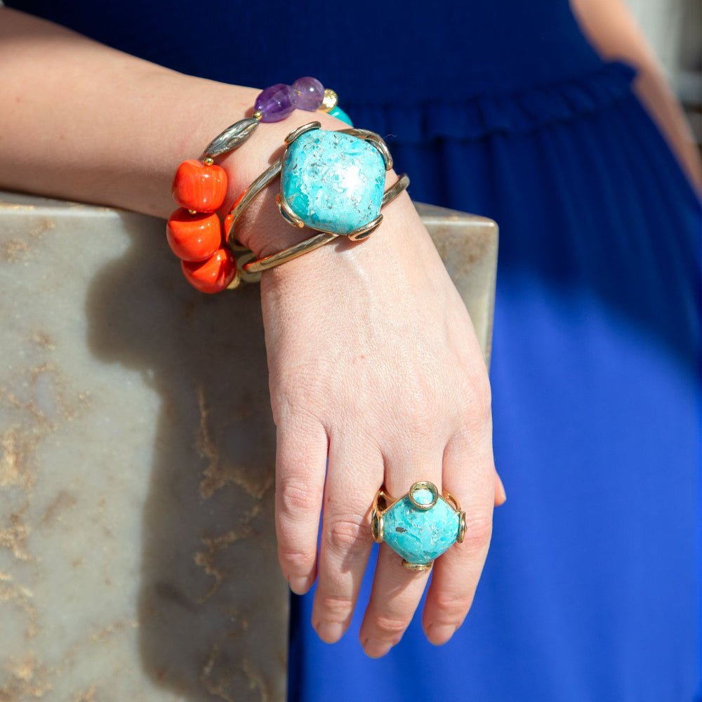 Blue Turquoise Rhombus Statement Ring Handcrafted Jewelry